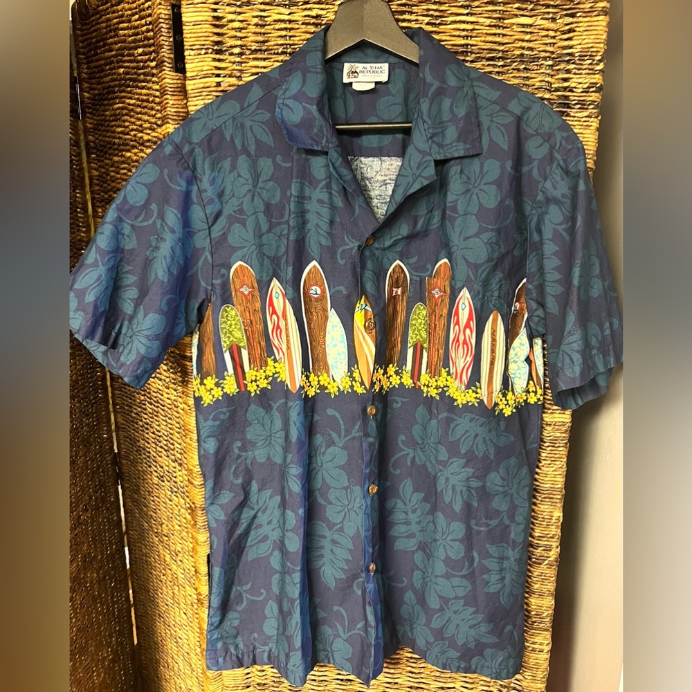 Aloha Republic- Mens Button Up Hang Ten Shirt- Made in USA, Size: Large